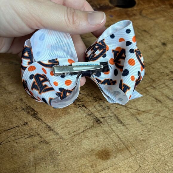 Auburn University War Eagle Orange & Blue Alligator Clip Hair Bow preworn 4" - Picture 4 of 5